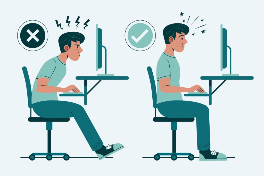 Ilustrasi posisi duduk yang salah dan benar saat bekerja di depan komputer untuk mendukung Body Recovery pekerja kantoran. Postur duduk ergonomis membantu mengurangi pegal punggung, leher tegang, dan kelelahan akibat kerja terlalu lama di depan layar.