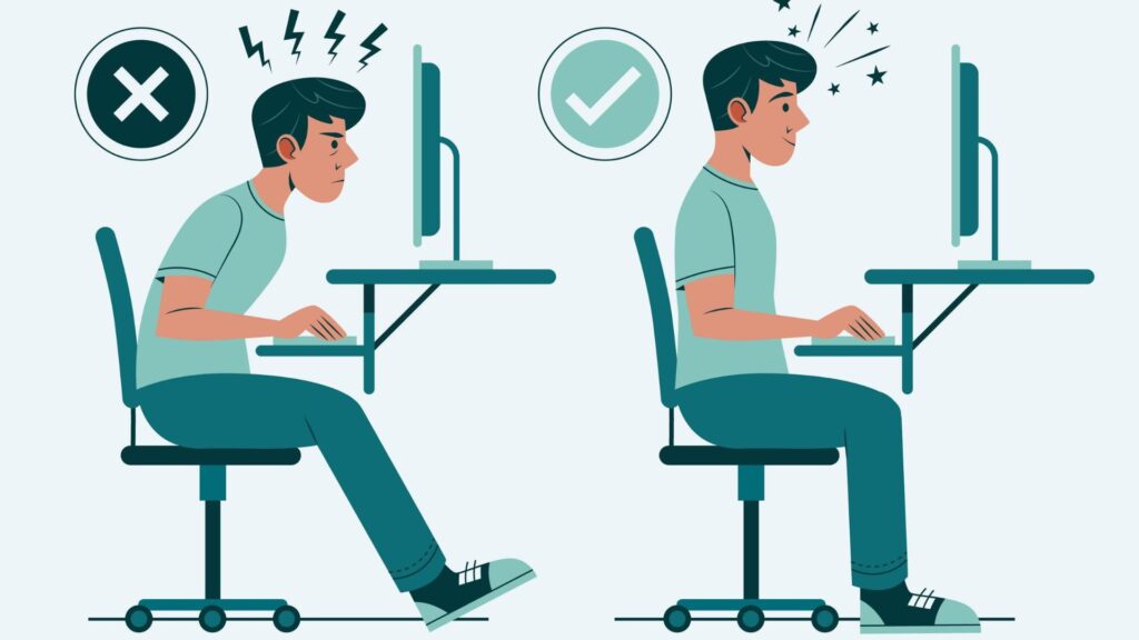 Ilustrasi posisi duduk yang salah dan benar saat bekerja di depan komputer untuk mendukung Body Recovery pekerja kantoran. Postur duduk ergonomis membantu mengurangi pegal punggung, leher tegang, dan kelelahan akibat kerja terlalu lama di depan layar.